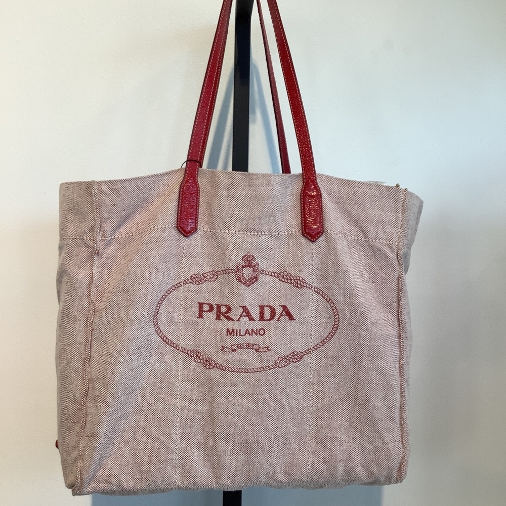 Prada White Red Cloth Tote
